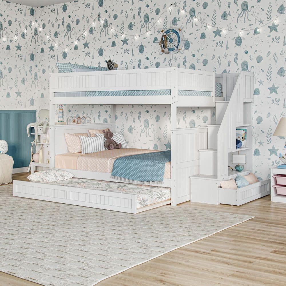 Dover White Wood Frame Full over Full Staircase Bunk Bed with Storage Drawer and Twin Trundle