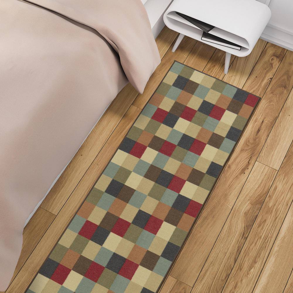 Contemporary Checkered Multicolor Low Pile Runner Rug, 84"L x 22"W