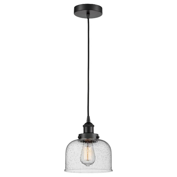 Innovations Bell 60-Watt 1-Light Matte Black Standard Mini Pendant Light with Seeded Glass Shade, No Bulbs Included