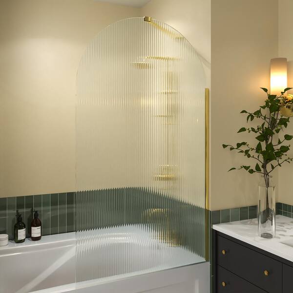 WELLFOR 33 in. W x 58 in. H Arch Fixed Tub Door in Brushed Gold with Clear Glass