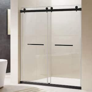 48 in. W x 76 in. H Freestanding Double Sliding Frameless Corner Shower Door Enclosure in Matte Black with Clear Glass