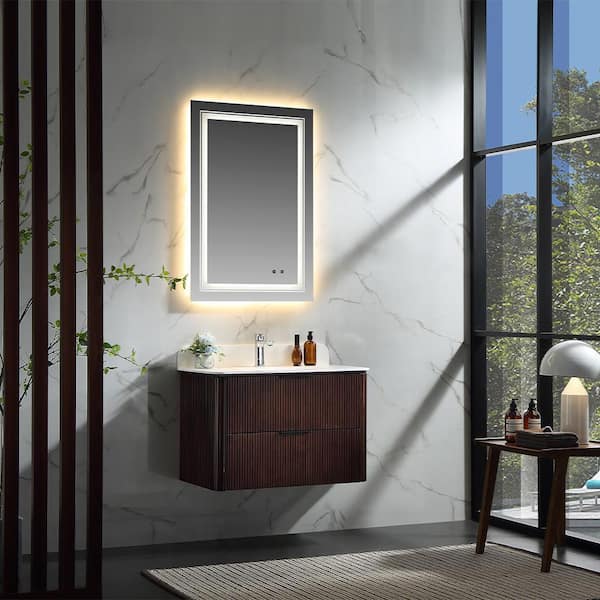 Wenlorin 30 in. Single Sink Floating Walnut Bath Vanity with White Acrylic Top Pre-Assembled