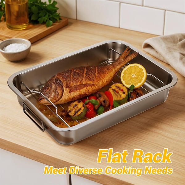 8.7 qt. Stainless Steel Roasting Pan, Heavy Duty Turkey Roasting Baking Broiler Oven Pan with Rack and Handle for Oven