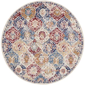 Grafix Blue Multicolor 4 ft. x 4 ft. Medallion Traditional Round Area Rug