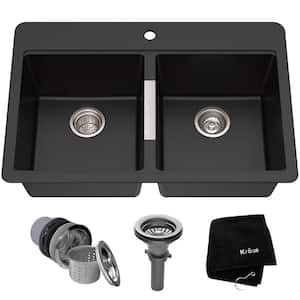 Quarza Black Onyx 33 Inch Drop-in / Undermount 50/50 Double Bowl Granite Kitchen Sink
