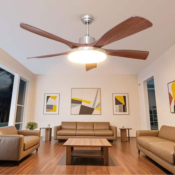 52 in. Smart Indoor Chrome Integrated LED Light 6-Speed Ceiling Fan with APP/Remote Control and 2-Downrods