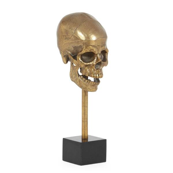 Noble House Brinkhaven Raw Brass and Black Aluminum Skull Decor with Stand