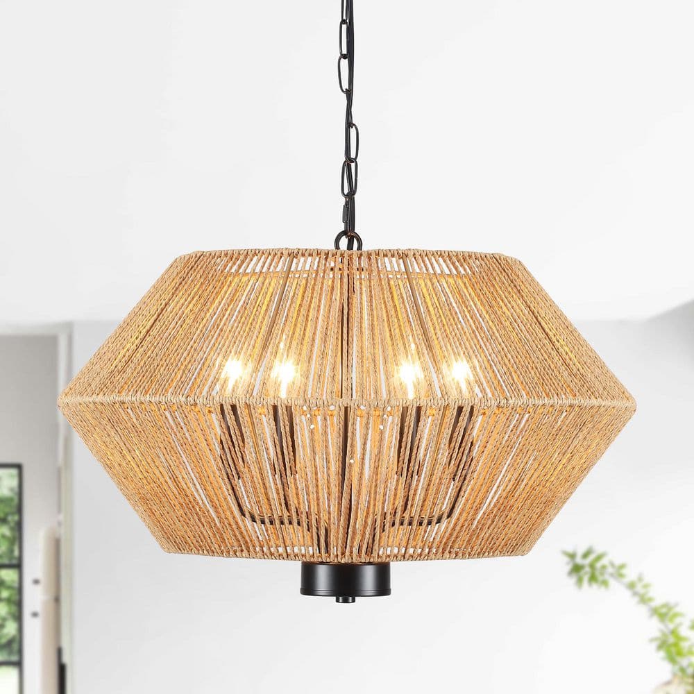 4-Light Black and Brown Bohemian Drum Dimmable Hanging Pendant Light Chandelier with Paper Rattan Shade for Living Room price history on PriceWatchPro