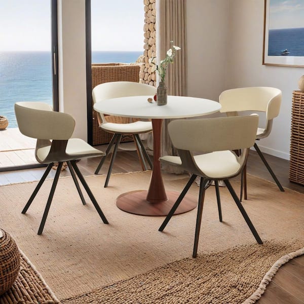 Bristol Round Modern Dining Table 27 in. MDF Wood Tabletop in Cherry Coated Steel Pedestal Base in White