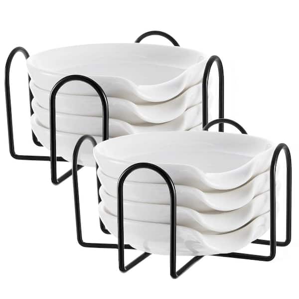 White Ceramic Spoon Rest Set with Metal Holders 8 Piece Heat Resistant Dishwasher Safe Kitchen Utensil Rest