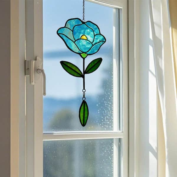 Blue Flower Handcrafted Stained Glass Art Glass Window HDDL2GKM1H