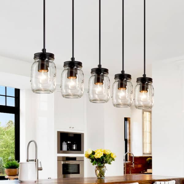 Industrial Kitchen Island Faux Wood Chandelier Farmhouse 5-Light Dining Room Black Chandelier with Mason Jar Shades