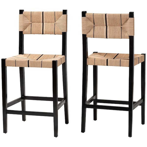 Prita 29.2 in. Black Wood Bar Stool with Woven Seat (Set of 2)