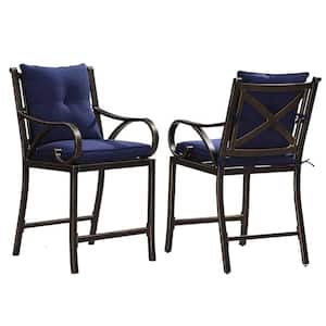 Modern Cast Aluminum Metal Frame Counter Height Outdoor Bar Stool with Back and Arm Navy Blue Cushion (Set of 2)