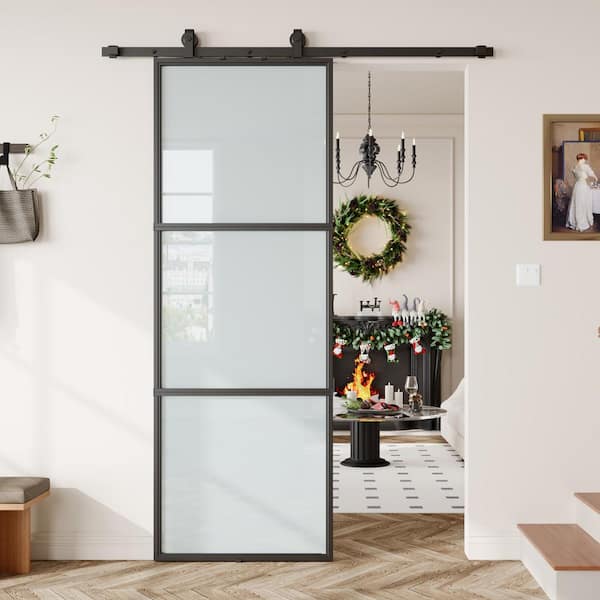 32 in. x 84 in. 3 Lite Frosted Glass Black Metal Frame Interior Sliding Barn Door with Hardware kit