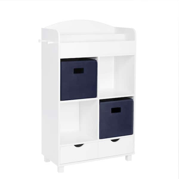 RiverRidge Home Kids White Cubby Storage Cabinet with Bookrack with 2-Piece Navy Bins
