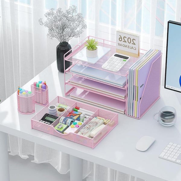 Pink 15.5 in. x 9.2 in. Metal Modern Desk File Holder with Drawer