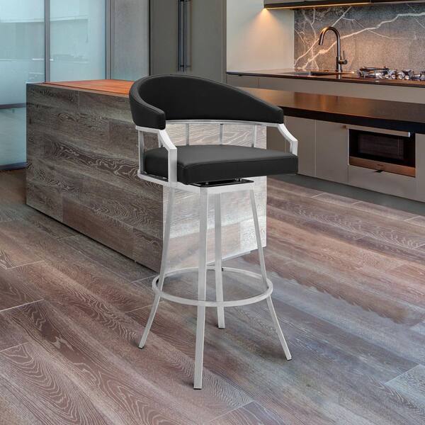 Armen Living Palmdale Brushed Stainless Steel Swivel Modern Faux Leather Bar and Counter Stool