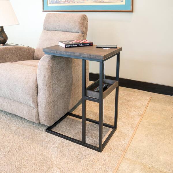 Eccostyle 13.75 in. W Brushed Brown 27.5 in. H Bamboo Steel C-Table with Tray and Wireless USB Charging Station