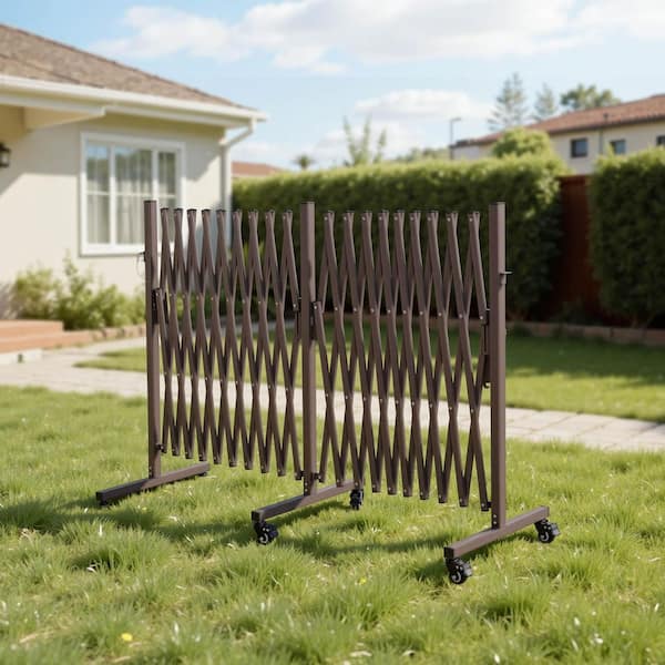Double Expandable Barricades, 237.4 in. W x 40.16 in. H Brown Iron Free Standing Security 1-Pack, Locking Casters