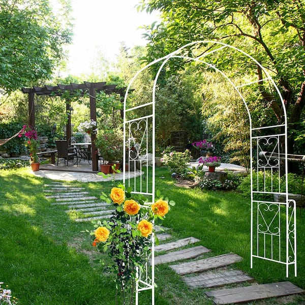 ToolCat 55 in. W x 94.5 in. H Metal Garden Arch Outdoor Arbor Trellis Climbing Plants Support Rose, Cream White