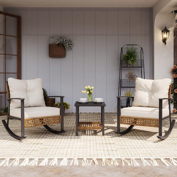 LAUSAINT HOME Brown 3-Piece Wicker Patio Conversation Rocking Set with Beige Cushions and 2-Tier Coffee Table