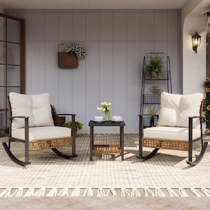 Brown 3-Piece Wicker Patio Conversation Rocking Set with Beige Cushions and 2-Tier Coffee Table