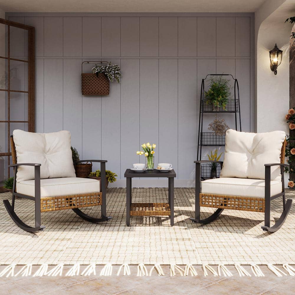 Brown 3-Piece Wicker Patio Conversation Set Outdoor Rocking Chairs with Beige Cushions price history on PriceWatchPro