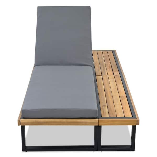 Outdoor Acacia Wood & Iron Dining Chair Set of 1, 5Position Adjustable Backrest & Reclining w/ Cushion & Side Table Gray