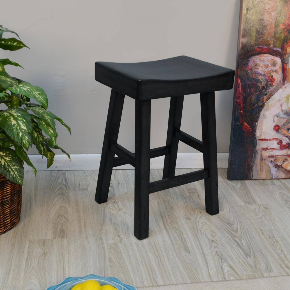 Antique Black Wood Saddle Style Backless Counter Stool 28"
