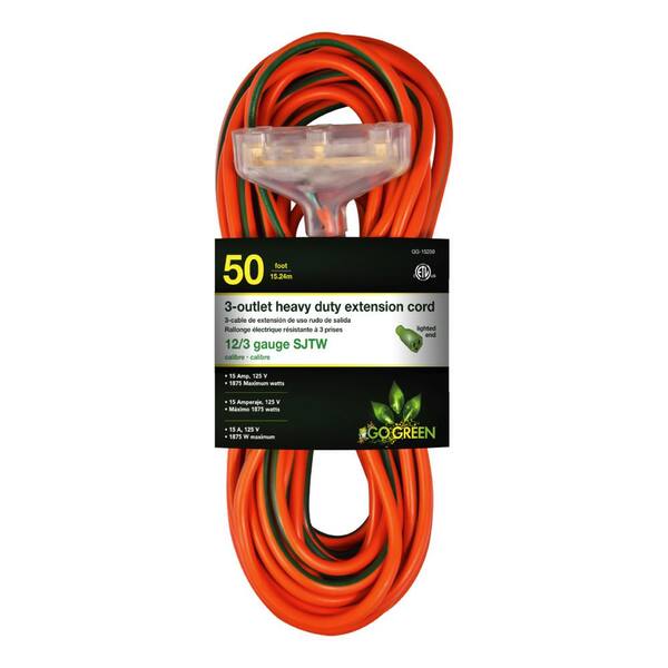 12/3 50ft 3-OUTLET Black Heavy LIGHTED END Tri-Source Extension Cord 50 FEET 