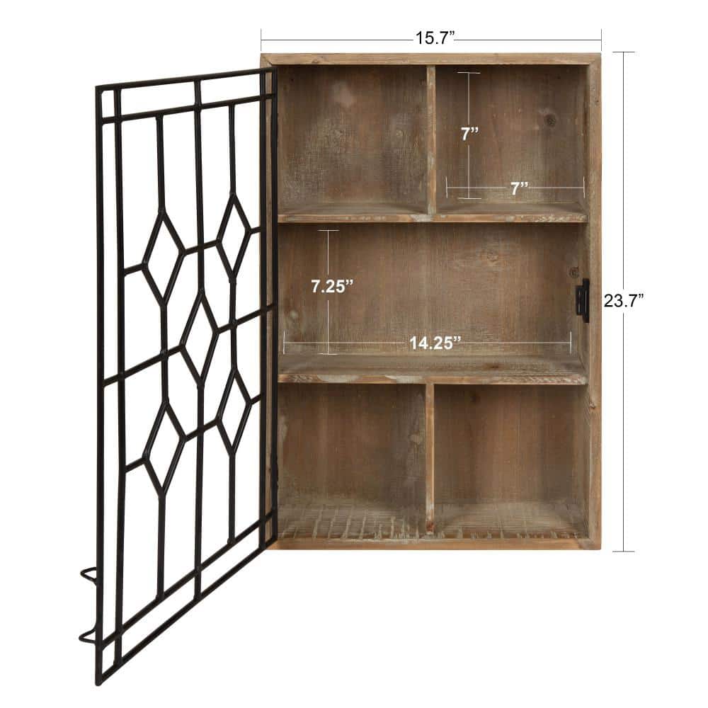 Rustic Brown Wooden Curio Cabinet with Lighted Black Iron Door