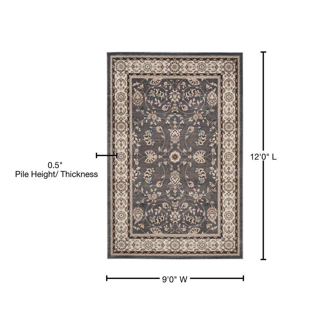 Grey and Cream Floral Synthetic 9' x 12' Area Rug