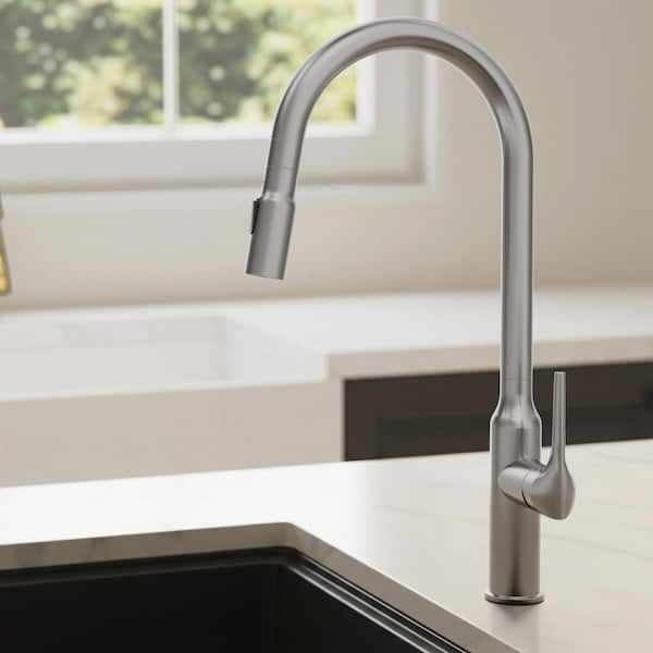 Single Handle 19.8 in. H Pull down Sprayer Kitchen Faucet with 2-Function 360° Swivel Spout in Brushed Stainless