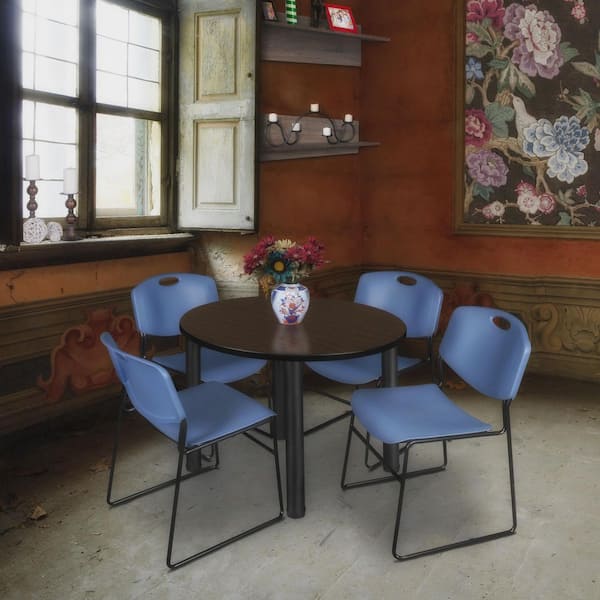 Kee 36 in. Neo Walnut Round Breakroom Table Desk and 4 Zeng Stack Chairs-Blue