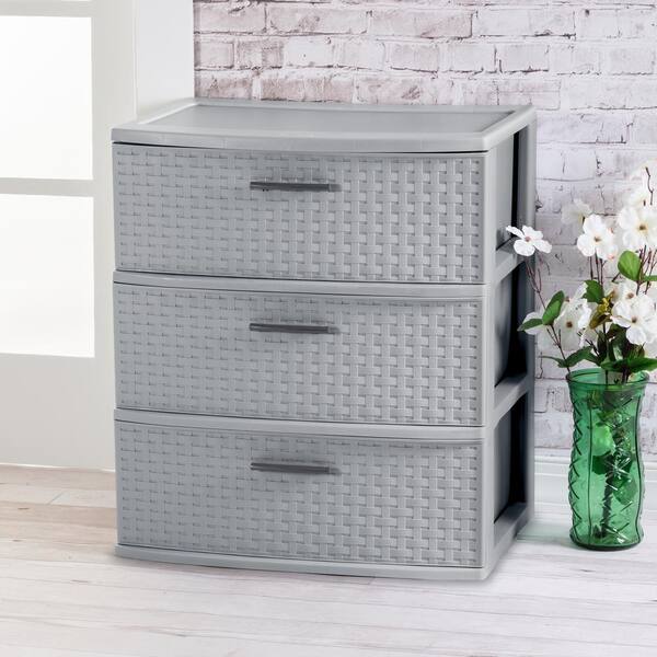 thumbnail image 2 of 3-Drawer Wide Weave Storage Tower - Plastic Home Organizer Container, White 2 of 4