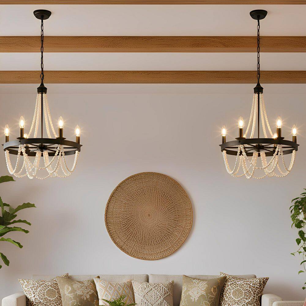 6-Light Matte Black Farmhouse Chandelier with White Wood Beads, Modern Boho Pendant Light for Dining Room (Pack-2) price history on PriceWatchPro