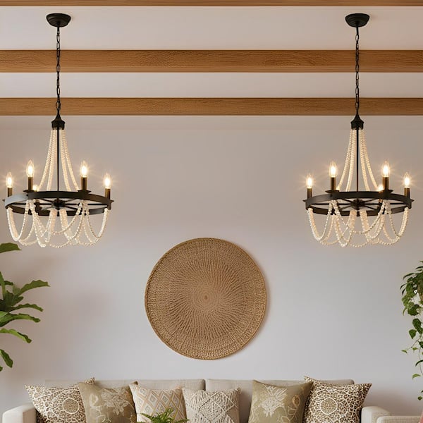 YANSUN 6-Light Matte Black Farmhouse Chandelier with White Wood Beads, Modern Boho Pendant Light for Dining Room (Pack-2)