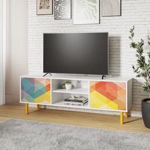 Retro Mid-Century Modern White and Multi Color Red, Yellow, Blue Print TV Stand Fits TV's up to 35 in. with 4 -Shelves