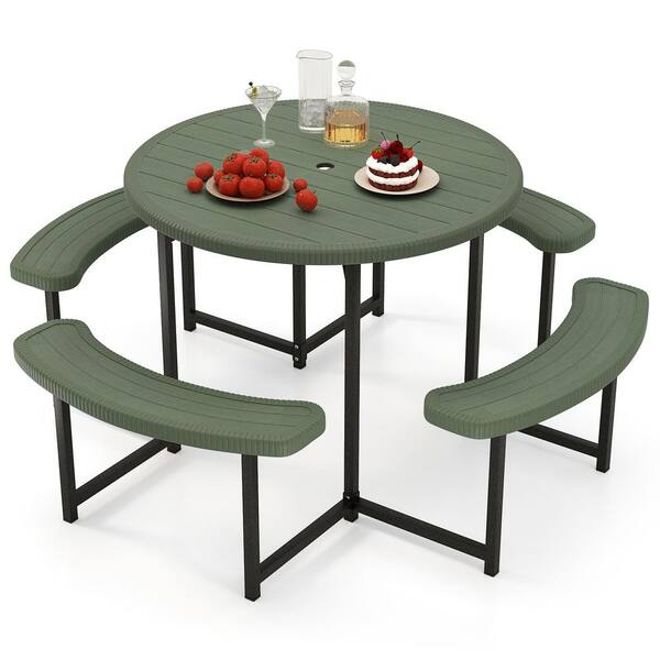 62 in. Green Round Steel and HDPE Picnic Tables Bench Set with Umbrella Hole