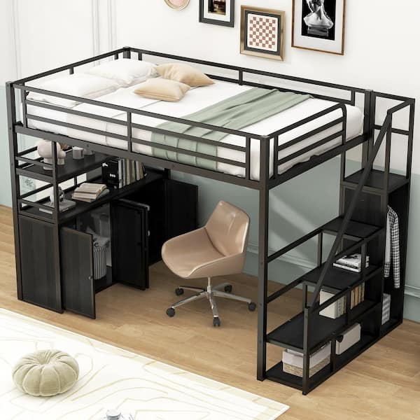 Metal Black Full Loft Bed with Wardrobe and Shelves