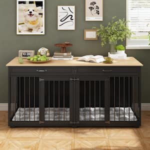 Large Dog Kennels Crate Furniture with 2-Drawers, Indoor Wooden Double Dog House Cage for Small Medium Large Dogs, Black