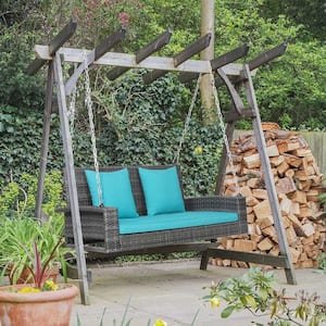 2-Person Patio Hanging Porch Swing Rattan 800 lbs. Swing Bench with Turquoise Cushions