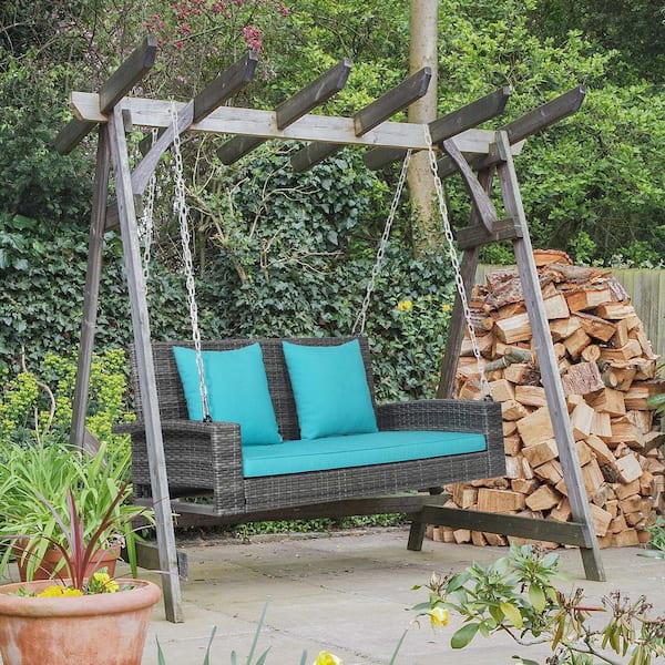 2-Person Patio Hanging Porch Swing Rattan 800 lbs. Swing Bench with Turquoise Cushions