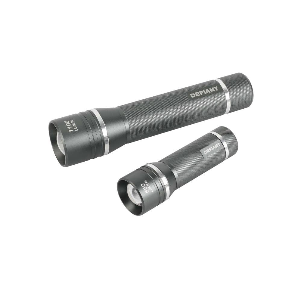 Defiant 1100 Lumens and 650 Lumens Alkaline Battery LED Slide-to-Focusing Powered Aluminum Flashlight (2-Pack), Black