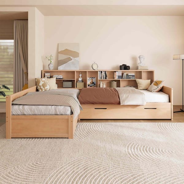 Natural Twin Daybed with Under-Bed Trundle and Storage Drawer, Bookcases