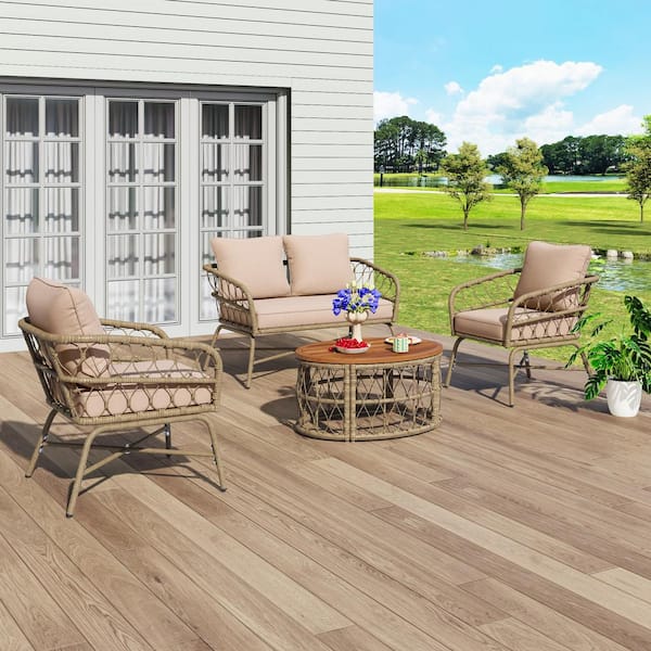 Unbranded Bohemia-inspired 4-Piece Outdoor Patio Conversation Seating Set With Beige Removable Cushions, and Wood Tabletop