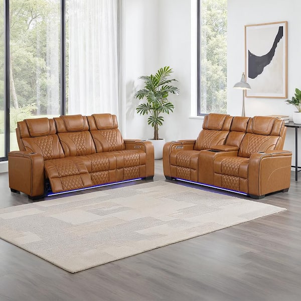 Cassian 84.5 in W Pillow Top Arm Leather Rectangle 2-Piece Power Reclining Sofa Set with Power Headrest in Brown
