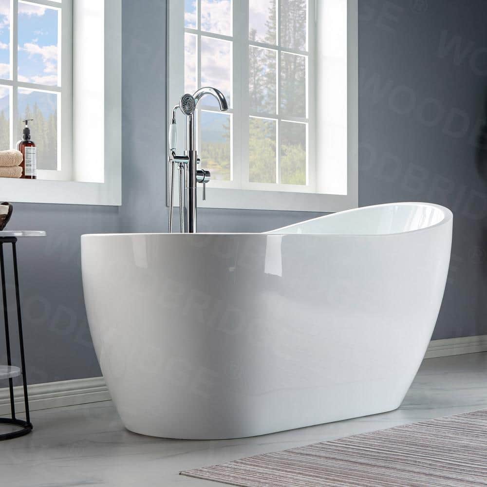 59" White Acrylic Freestanding Single Slipper Bathtub with Brushed Nickel Trim