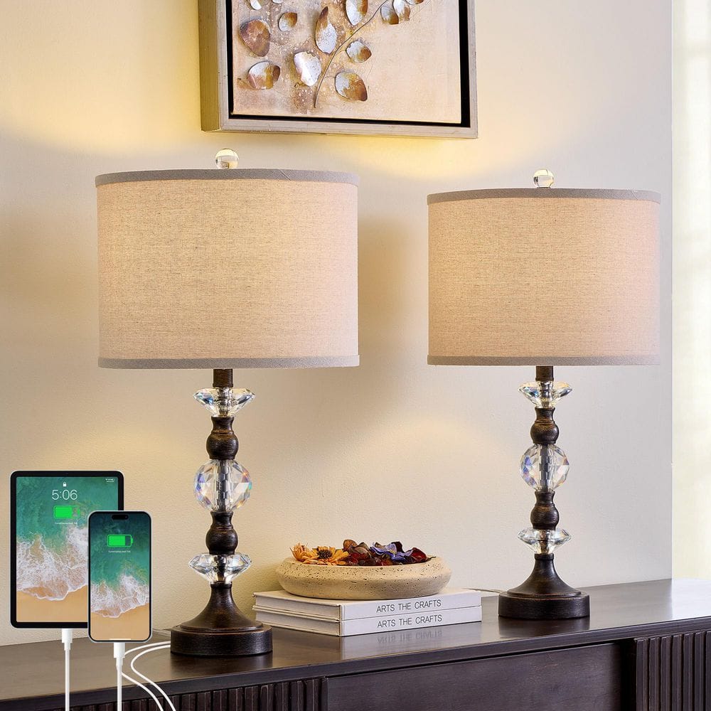 25.5 in. Bronze Modern Dimmable Crystal Bedroom Living Room Bedside Desk Nightstand Table Lamps USB Port Set of 2 price history on PriceWatchPro